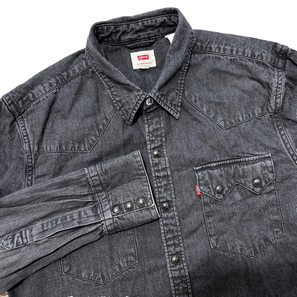 Levis Denim Shirt Men Medium (M) Dark Gray Western Pearl Snap Sawtooth Pockets